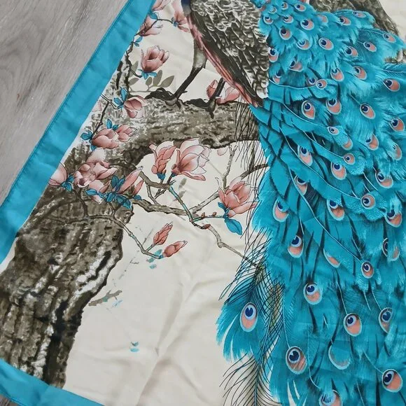 Super Large Teal Peacock and Cherry Blossom Scarf Wrap - Picture 4 of 9